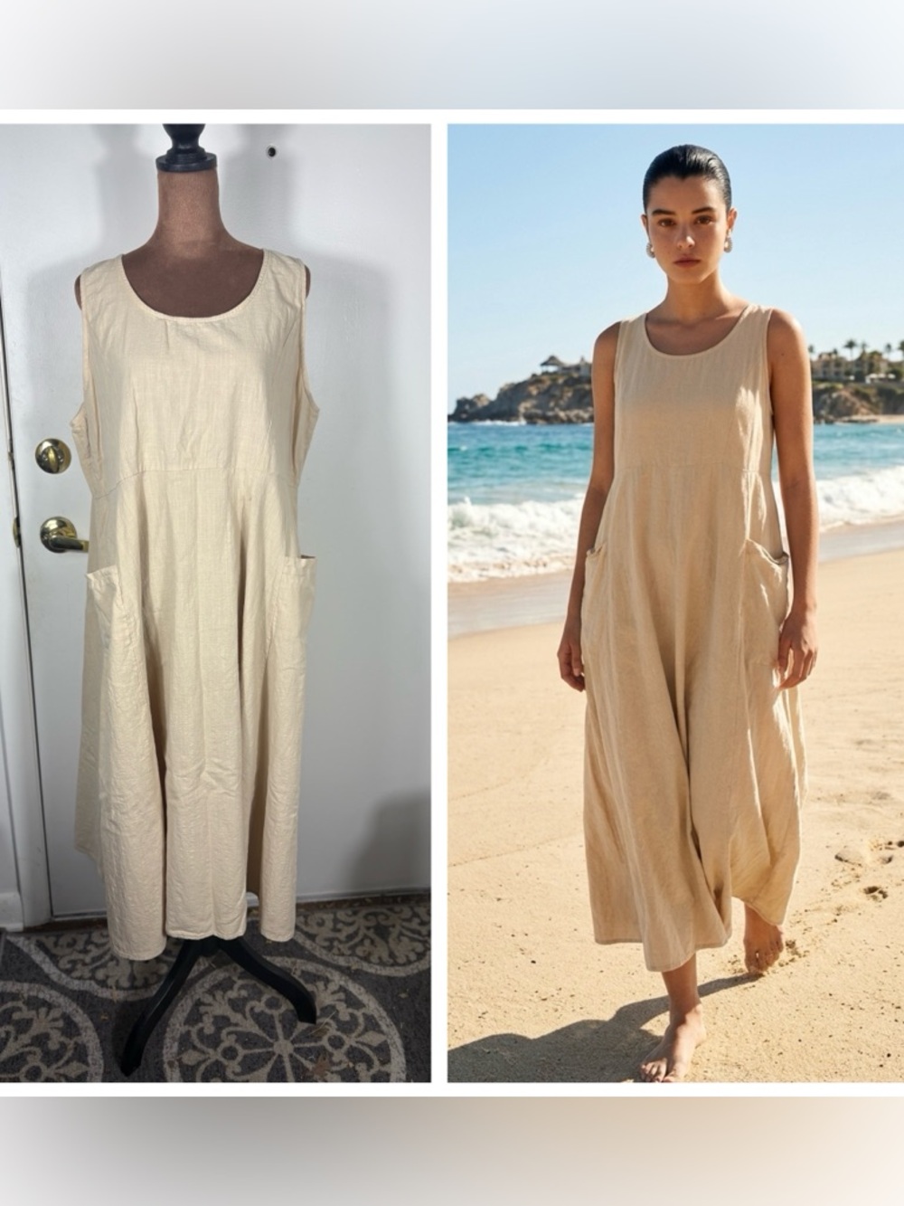 Women’s Sleeveless Sz XXL Linen/Cotton Blend Beige Maxi Pocket pullover  Dress